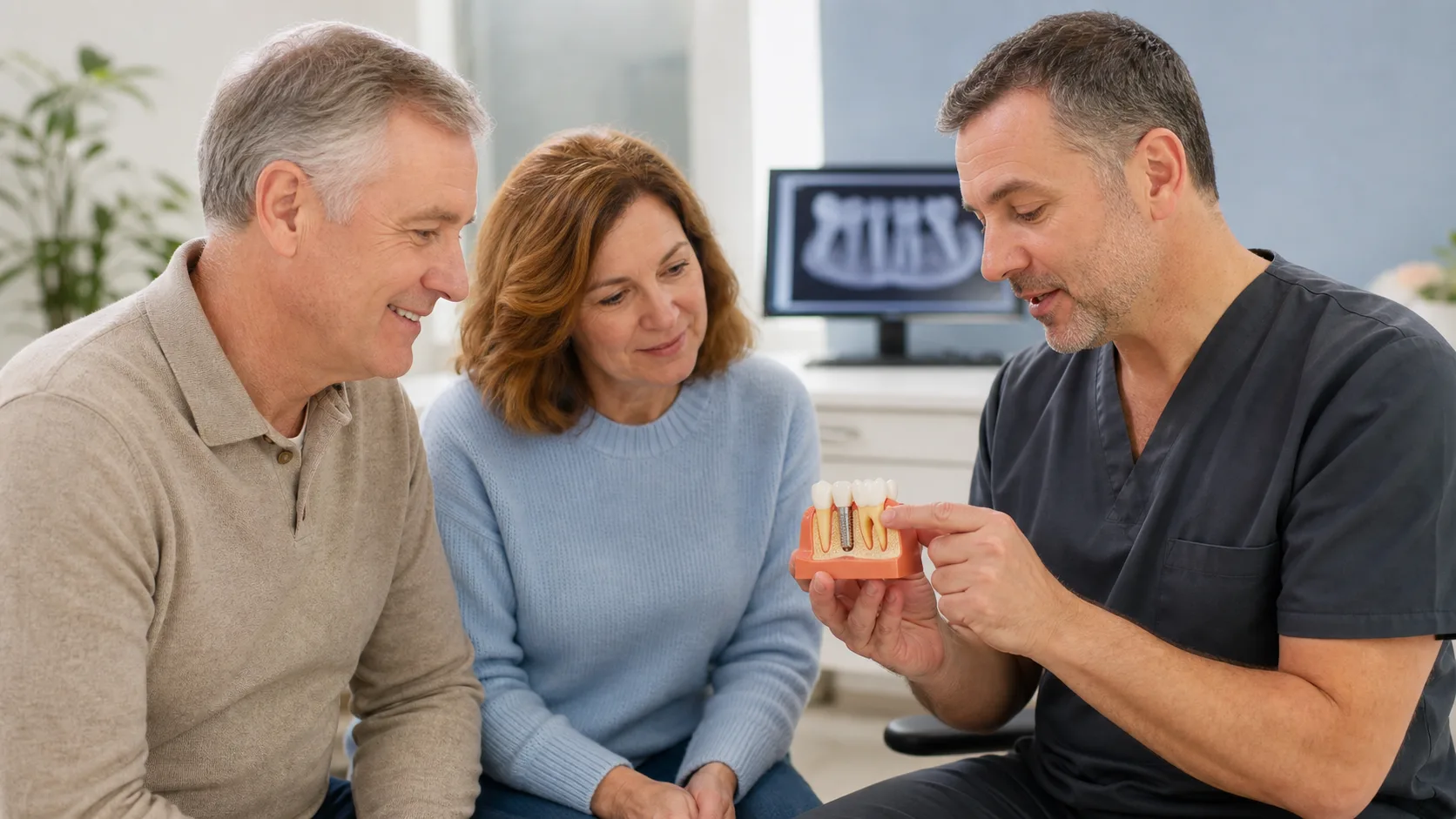 A couple discussing dental implants with a specialist
