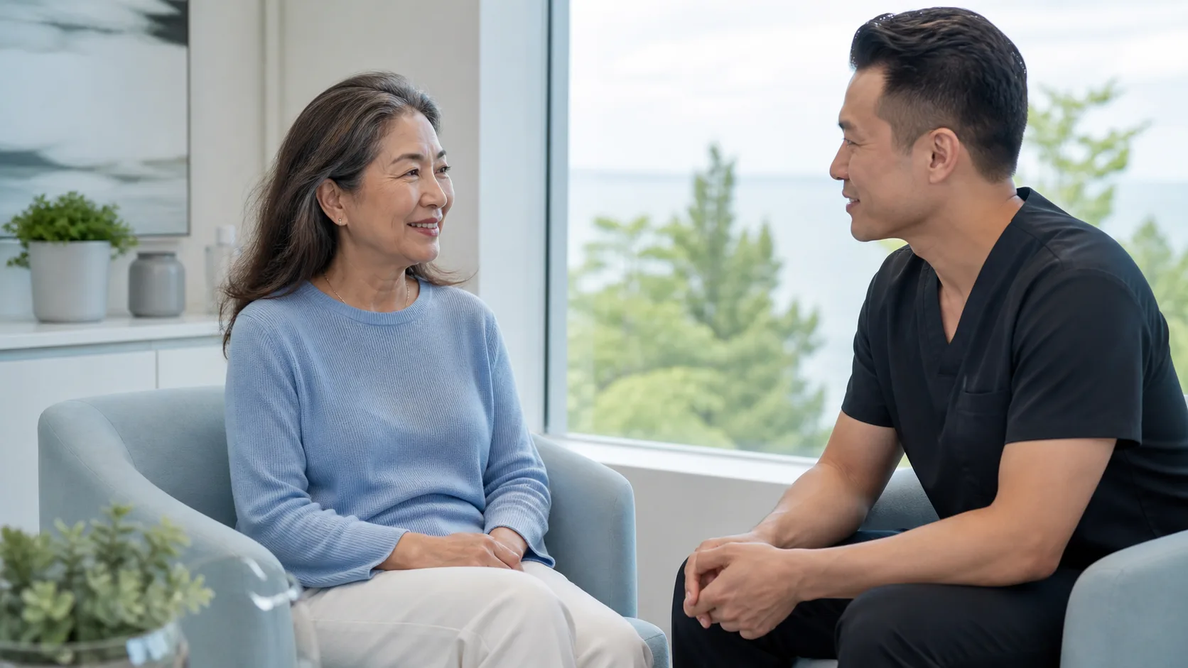 An Innisfil-area patient having a comfortable dental conversation