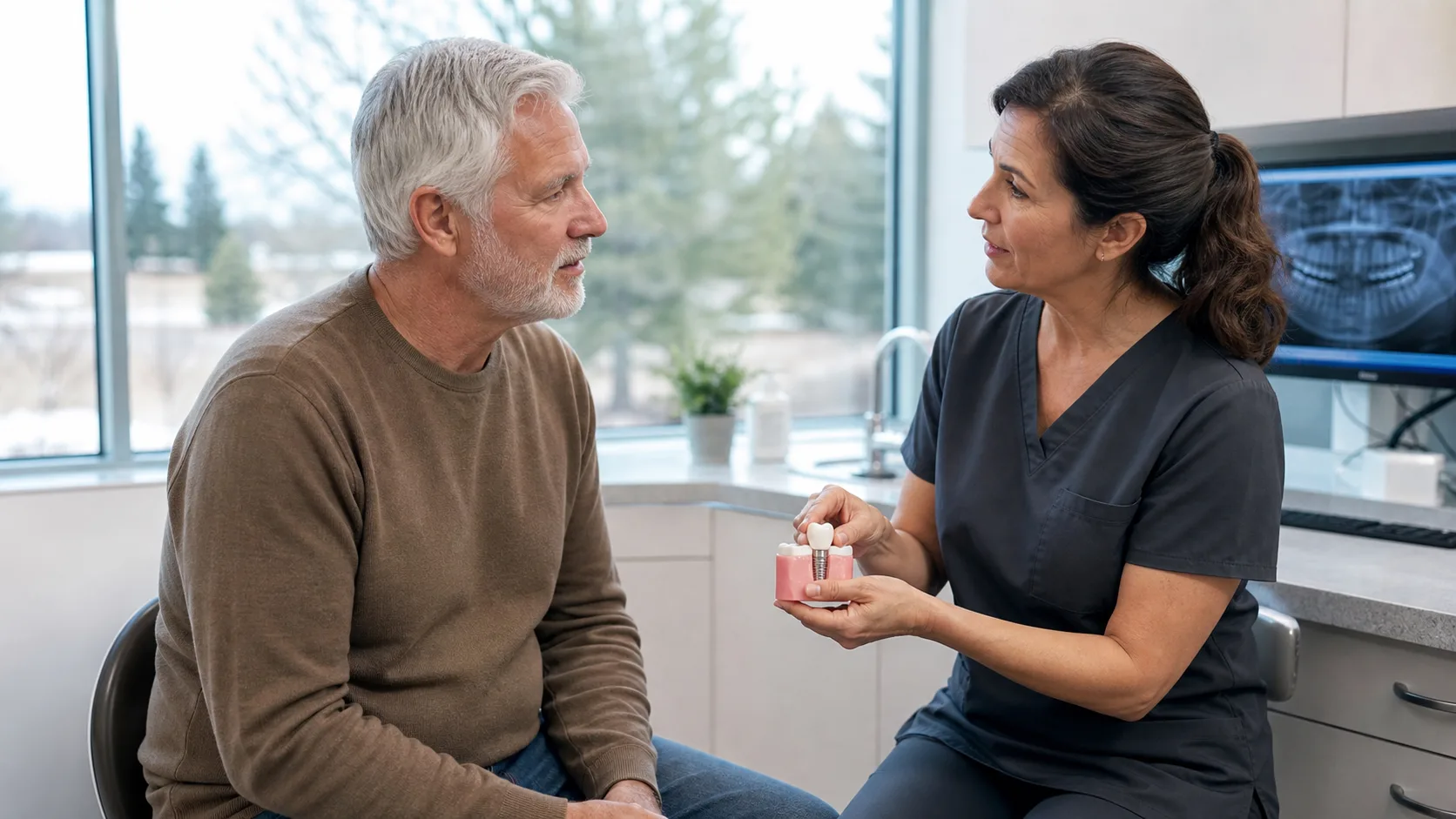 A Thornton-area patient discussing a dental implant model