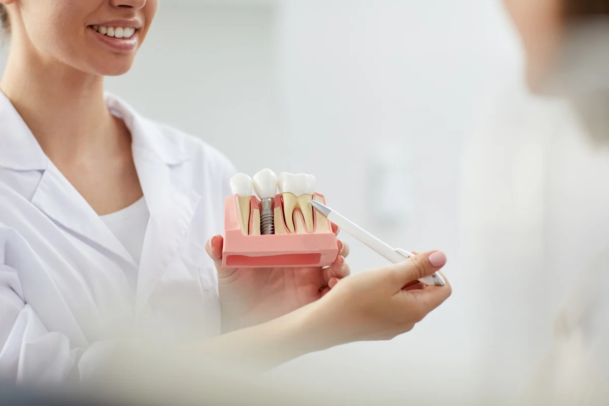 Dental professional explaining a dental implant model